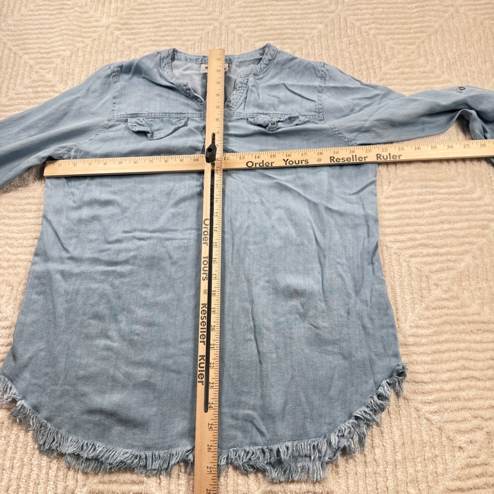 Hester Orchard Shirt Women's Medium Denim Tencel Tunic Frayed Hem Rodeo Cowgirl - Picture 5 of 10